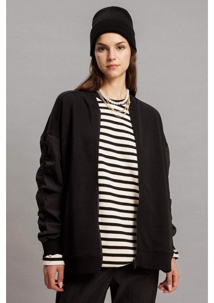 Oversize Geniş Kalıp Bomber Mont Ceket Kolej Yaka Basic Düz Fermuarlı Cepli C1819AX24SP