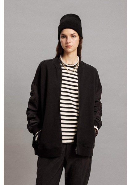 Oversize Geniş Kalıp Bomber Mont Ceket Kolej Yaka Basic Düz Fermuarlı Cepli C1819AX24SP