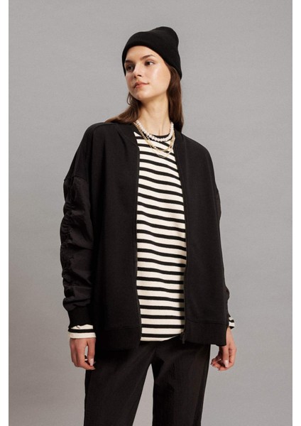 Oversize Geniş Kalıp Bomber Mont Ceket Kolej Yaka Basic Düz Fermuarlı Cepli C1819AX24SP