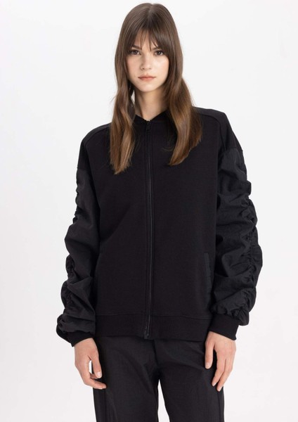 Oversize Geniş Kalıp Bomber Mont Ceket Kolej Yaka Basic Düz Fermuarlı Cepli C1819AX24SP