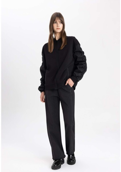 Oversize Geniş Kalıp Bomber Mont Ceket Kolej Yaka Basic Düz Fermuarlı Cepli C1819AX24SP