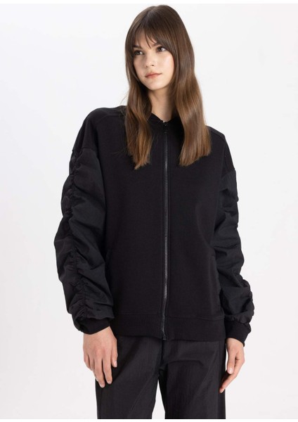 Oversize Geniş Kalıp Bomber Mont Ceket Kolej Yaka Basic Düz Fermuarlı Cepli C1819AX24SP