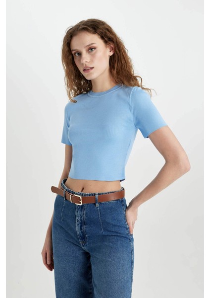 Fitted Bisiklet Yaka Kısa Kollu Triko Tişört C1898AX24SP