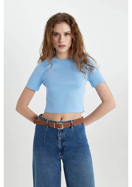 Fitted Bisiklet Yaka Kısa Kollu Triko Tişört C1898AX24SP