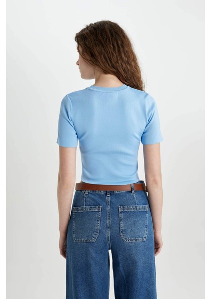 Fitted Bisiklet Yaka Kısa Kollu Triko Tişört C1898AX24SP