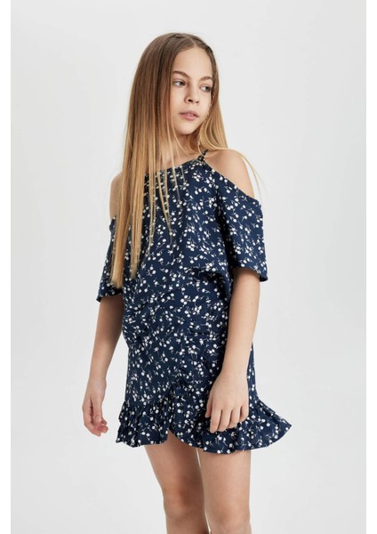 Kız Çocuk 2'li Takım Çiçekli Kısa Kollu Bluz Beli Lastikli Etek C3812A824SP