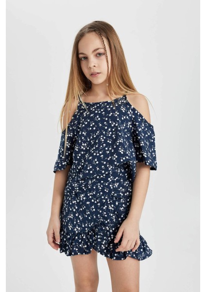 Kız Çocuk 2'li Takım Çiçekli Kısa Kollu Bluz Beli Lastikli Etek C3812A824SP