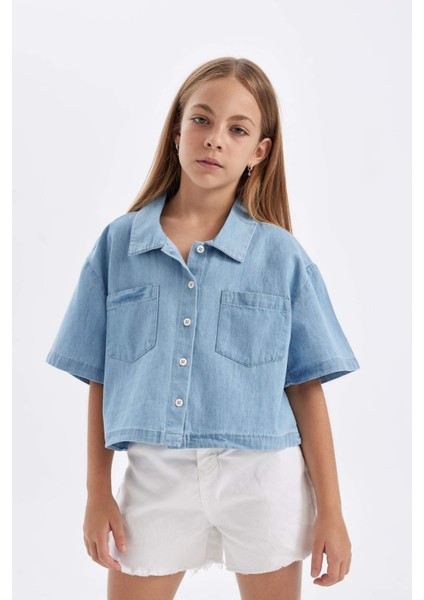 Kız Çocuk Boxy Fit Pamuklu Kısa Kollu Gömlek C5224A824SM