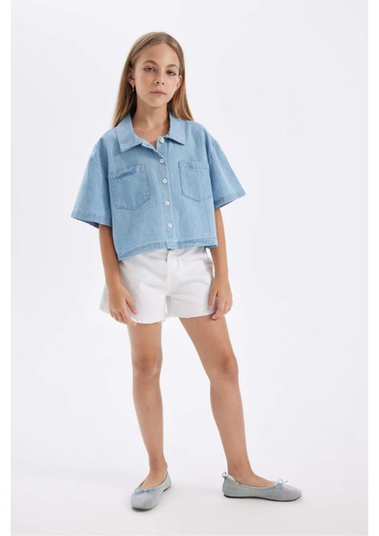 Kız Çocuk Boxy Fit Pamuklu Kısa Kollu Gömlek C5224A824SM