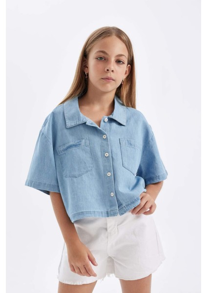 Kız Çocuk Boxy Fit Pamuklu Kısa Kollu Gömlek C5224A824SM