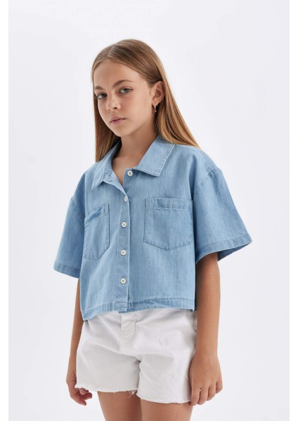 Kız Çocuk Boxy Fit Pamuklu Kısa Kollu Gömlek C5224A824SM