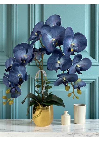 Yapay Orkide Premium Kalite Doğal Görünümlü Gold Metal Saksı Yapay Çiçek 55 cm Mor-Mavi Hediyelik