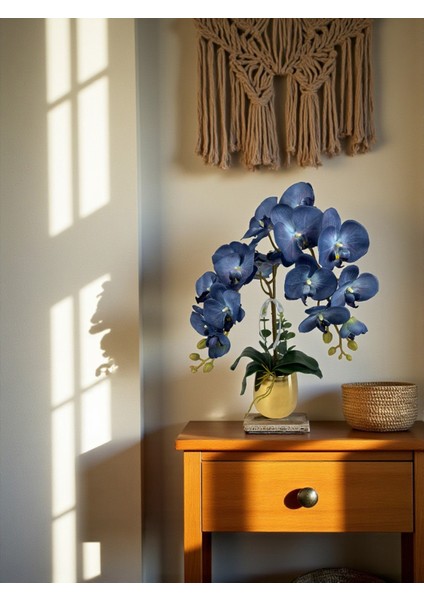 Yapay Orkide Premium Kalite Doğal Görünümlü Gold Metal Saksı Yapay Çiçek 55 cm Mor-Mavi Hediyelik fiyatları