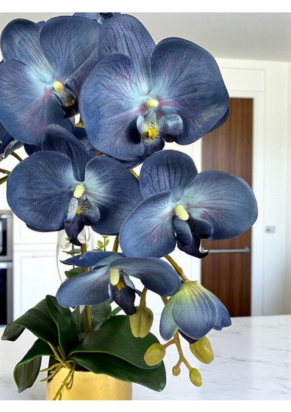 Yapay Orkide Premium Kalite Doğal Görünümlü Gold Metal Saksı Yapay Çiçek 55 cm Mor-Mavi Hediyelik modelleri