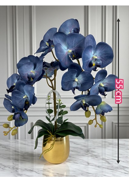 Yapay Orkide Premium Kalite Doğal Görünümlü Gold Metal Saksı Yapay Çiçek 55 cm Mor-Mavi Hediyelik fırsatları