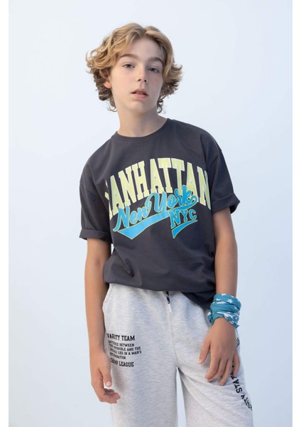 Erkek Çocuk Oversize Geniş Kalıp Bisiklet Yaka Baskılı Kısa Kollu Tişört C3901A824HS