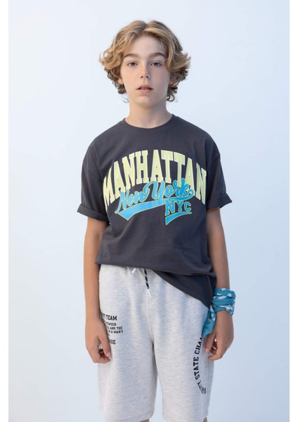 Erkek Çocuk Oversize Geniş Kalıp Bisiklet Yaka Baskılı Kısa Kollu Tişört C3901A824HS