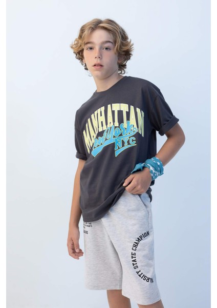 Erkek Çocuk Oversize Geniş Kalıp Bisiklet Yaka Baskılı Kısa Kollu Tişört C3901A824HS