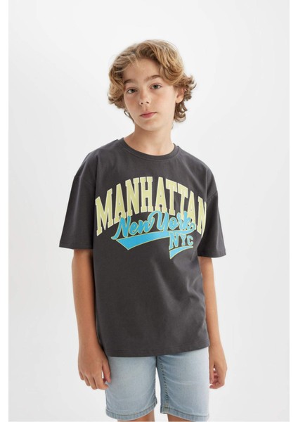 Erkek Çocuk Oversize Geniş Kalıp Bisiklet Yaka Baskılı Kısa Kollu Tişört C3901A824HS