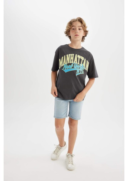 Erkek Çocuk Oversize Geniş Kalıp Bisiklet Yaka Baskılı Kısa Kollu Tişört C3901A824HS