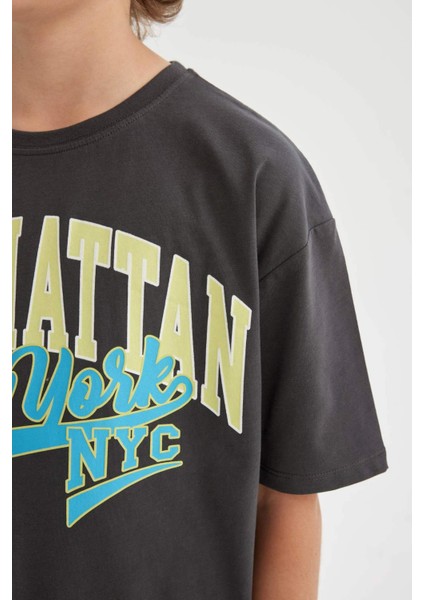 Erkek Çocuk Oversize Geniş Kalıp Bisiklet Yaka Baskılı Kısa Kollu Tişört C3901A824HS