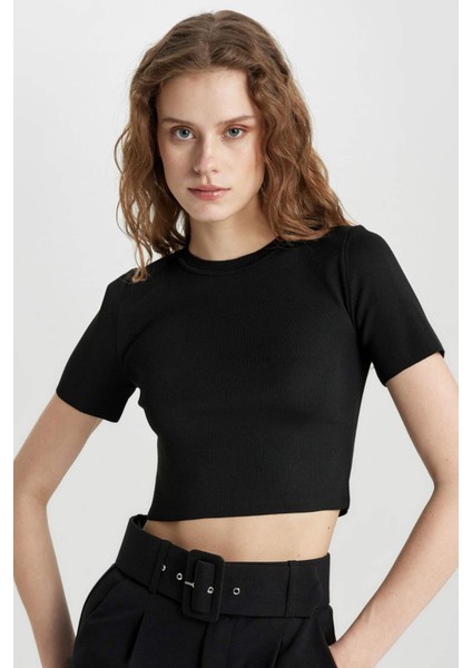 Fitted Bisiklet Yaka Kısa Kollu Triko Tişört C1898AX24SP