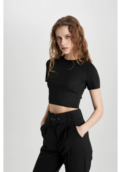 Fitted Bisiklet Yaka Kısa Kollu Triko Tişört C1898AX24SP