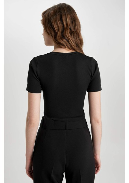 Fitted Bisiklet Yaka Kısa Kollu Triko Tişört C1898AX24SP