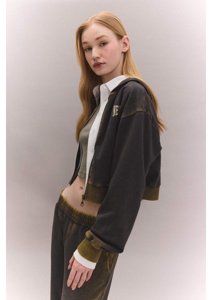 Coool Crop Kapüşonlu Baskılı Soluk Yıkama Efektli Kalın Fermuarlı Sweatshirt C4475AX24SP