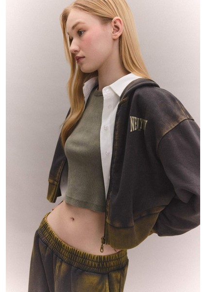 Coool Crop Kapüşonlu Baskılı Soluk Yıkama Efektli Kalın Fermuarlı Sweatshirt C4475AX24SP