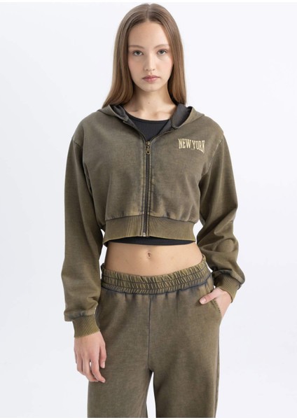 Coool Crop Kapüşonlu Baskılı Soluk Yıkama Efektli Kalın Fermuarlı Sweatshirt C4475AX24SP