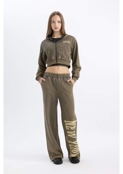 Coool Crop Kapüşonlu Baskılı Soluk Yıkama Efektli Kalın Fermuarlı Sweatshirt C4475AX24SP