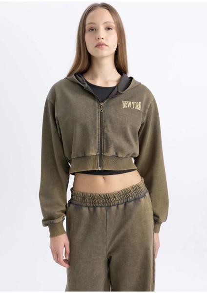 Coool Crop Kapüşonlu Baskılı Soluk Yıkama Efektli Kalın Fermuarlı Sweatshirt C4475AX24SP