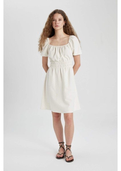 Kare Yaka Keten Kısa Kollu Mini Elbise A4768AX24SM