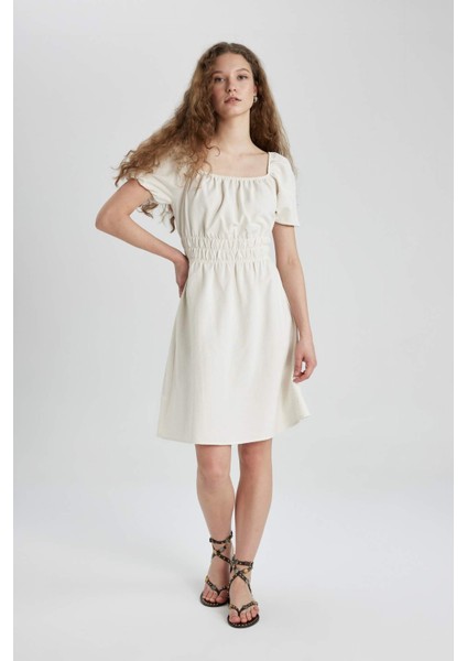 Kare Yaka Keten Kısa Kollu Mini Elbise A4768AX24SM