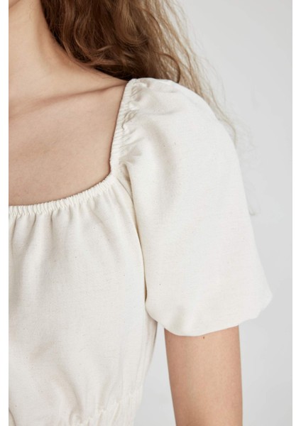 Kare Yaka Keten Kısa Kollu Mini Elbise A4768AX24SM