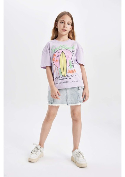 Kız Çocuk Relax Fit Bisiklet Yaka Baskılı Kısa Kollu Tişört C4451A824HS