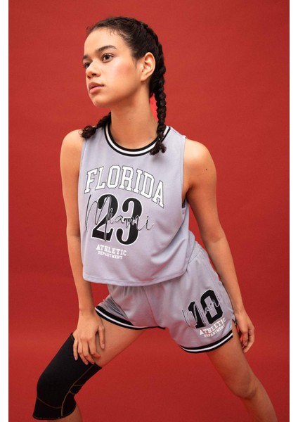 Fit Crop Bisiklet Yaka Baskılı Atlet B8969AX24SM