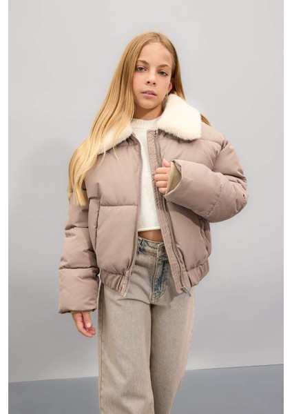 Kız Çocuk Suni Kürklü Yaka Rüzgar Geçirmez Fermuarlı Şişme Mont C5388A824WN