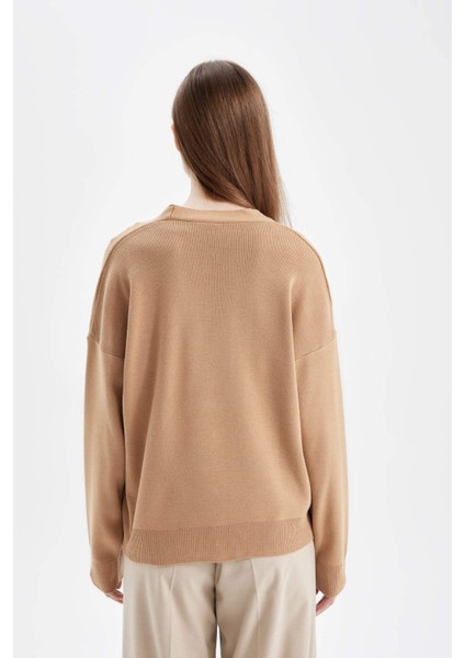 Relax Fit V Yaka Basic Düz Düğmeli Triko Hırka C5282AX24AU