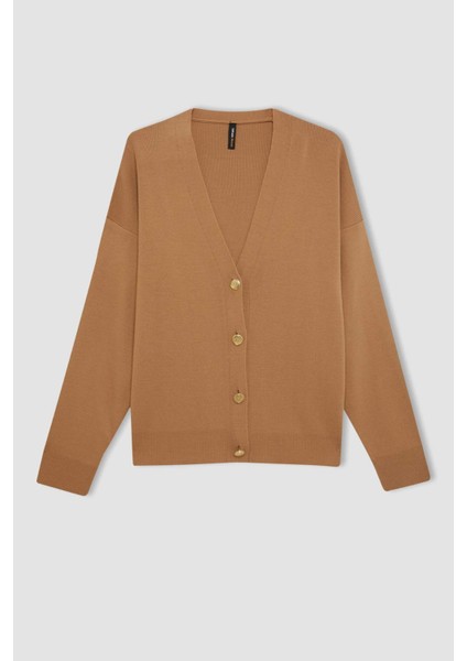 Relax Fit V Yaka Basic Düz Düğmeli Triko Hırka C5282AX24AU