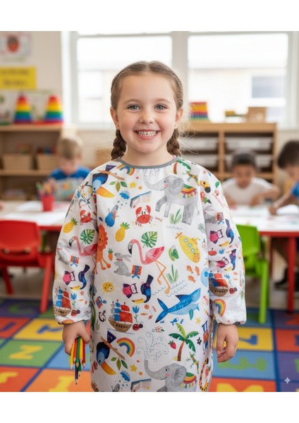 7-11 Yaş, Jungle, Sıvı Geçirmez, Ekstra Büyük Kalıp, Makinede Yıkanabilir, Uzun Kollu Çocuk, Aktivite Mama Önlüğü