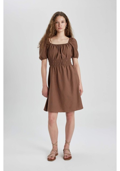 Kare Yaka Keten Kısa Kollu Mini Elbise A4768AX24SM