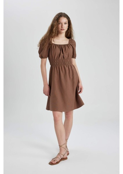 Kare Yaka Keten Kısa Kollu Mini Elbise A4768AX24SM