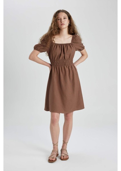 Kare Yaka Keten Kısa Kollu Mini Elbise A4768AX24SM