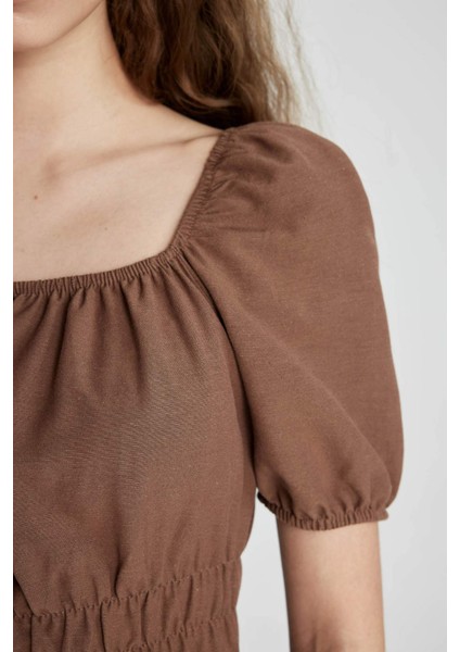 Kare Yaka Keten Kısa Kollu Mini Elbise A4768AX24SM