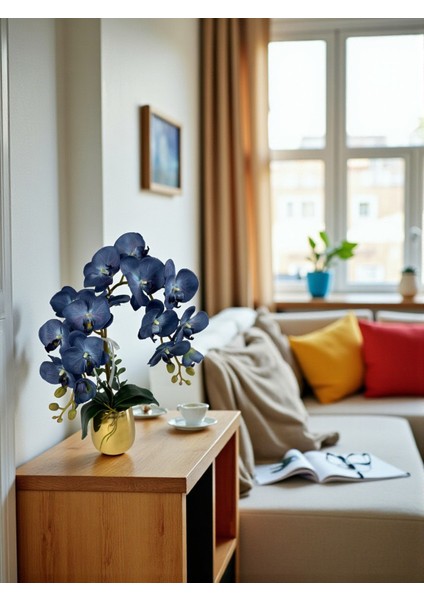 Yapay Orkide Premium Kalite Doğal Görünümlü Gold Metal Saksı Yapay Çiçek 55 cm Mor-Mavi Hediyelik indirimleri