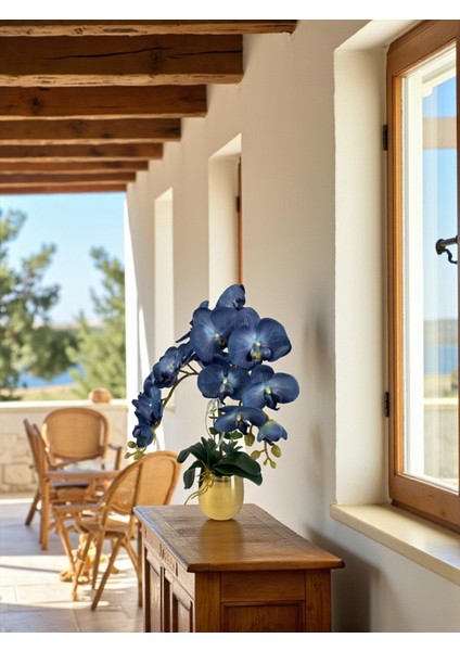 Yapay Orkide Premium Kalite Doğal Görünümlü Gold Metal Saksı Yapay Çiçek 55 cm Mor-Mavi Hediyelik