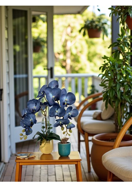 Yapay Orkide Premium Kalite Doğal Görünümlü Gold Metal Saksı Yapay Çiçek 55 cm Mor-Mavi Hediyelik