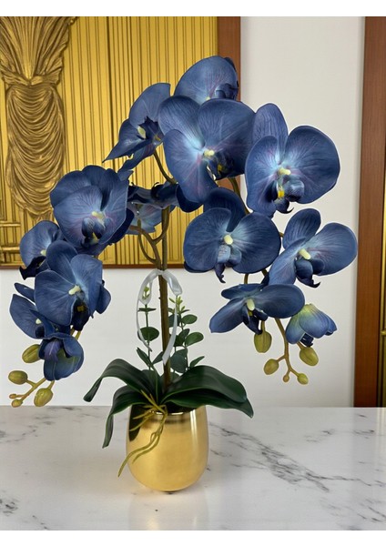 Yapay Orkide Premium Kalite Doğal Görünümlü Gold Metal Saksı Yapay Çiçek 55 cm Mor-Mavi Hediyelik